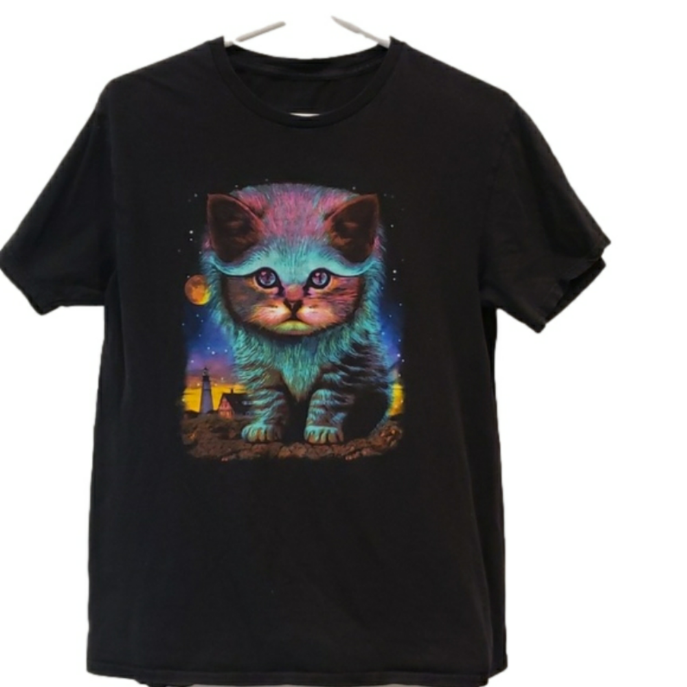 Unbranded Alien Kitten Graphic Tee Black Waiting for my Fish Cat T-Shirt M